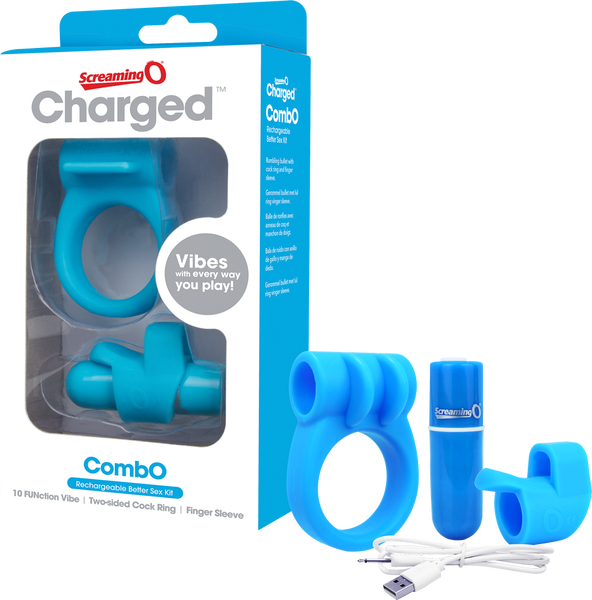Charged Combo Kit 1 – Body-Safe Silicone Cock Ring and Fingertip Sleeve Kit Blue > Sex Toys > Couples Toys