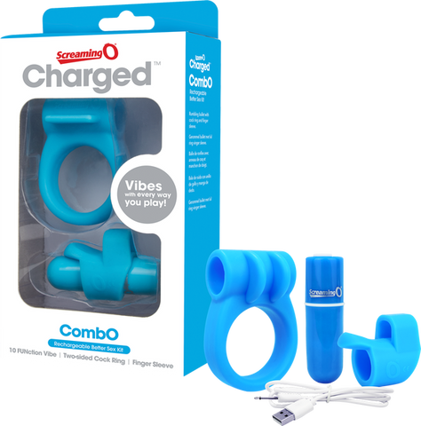 Charged Combo Kit 1 – Body-Safe Silicone Cock Ring and Fingertip Sleeve Kit Blue > Sex Toys > Couples Toys