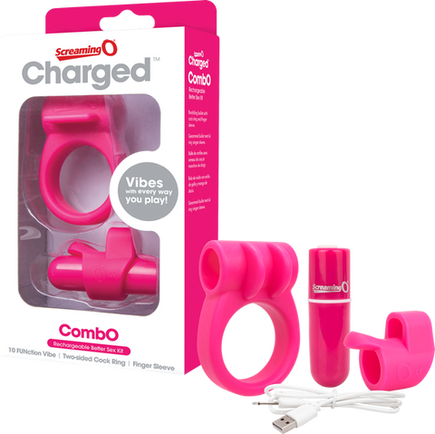 Charged Combo Kit 1 – Body-Safe Silicone Cock Ring and Fingertip Sleeve Kit Pink > Sex Toys > Couples Toys