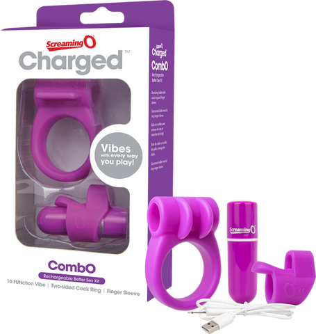 Charged Combo Kit 1 – Body-Safe Silicone Cock Ring and Fingertip Sleeve Kit Purple > Sex Toys > Couples Toys