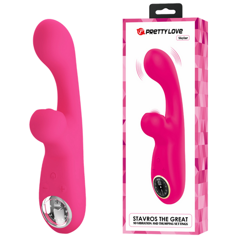 Rechargeable Skylar – Velvet Silicone Multifunction Rabbit Vibrator with Thumping and Vibration Modes Pink > Vibrators > Ladies > Rabbit