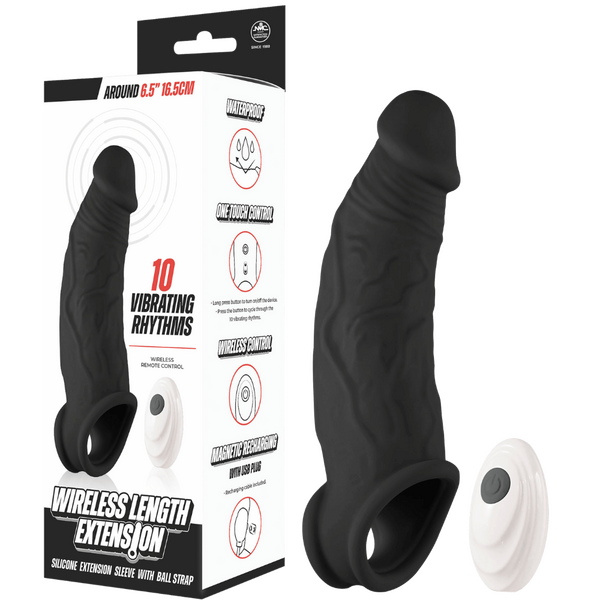 Wireless Length Extension – Waterproof 6.5 Inch Vibrating Extension Device Black > Sex Toys For Men > Penis Sleeves