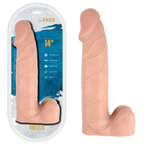 A flesh-toned textured dildo shown both inside its retail blister packaging and unpackaged on a plain white background. The package features a blue graphic insert with product details and the brand name 'VINTA' at the top.