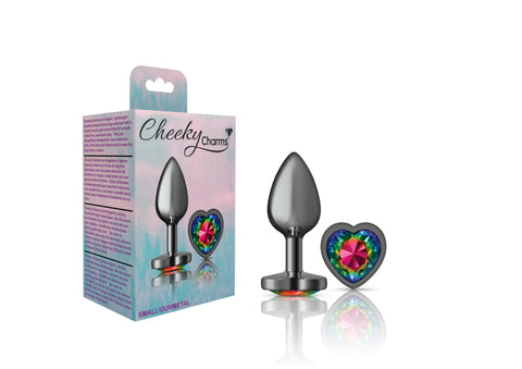 Cheeky Charms Gunmetal Butt Plug with Heart Rainbow Jewel Small Multi > Anal Range > Jewel Butt Plugs