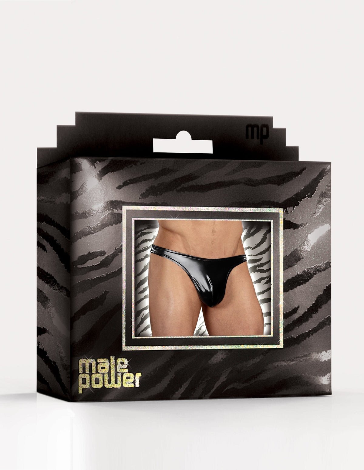 Male Power Classic Thong for Men in Wet Look Faux Leather Black Small Mens G-Strings