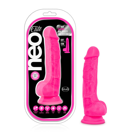 Neo Elite 7.5 Inch Silicone Dual Density Cock with Balls Neon Pink DONGS