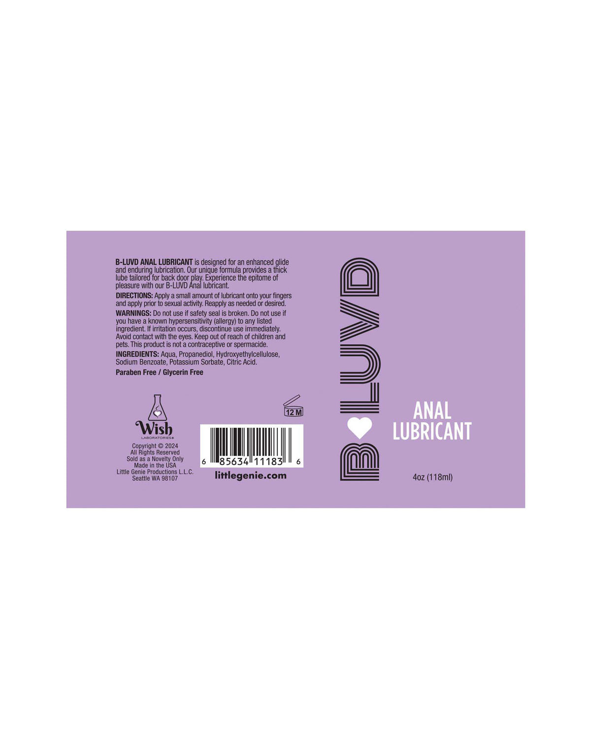 B-LUVD Anal Lubricant Water Based Gel 118ml Bottle > Lube > Anal