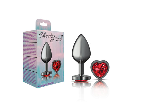 Cheeky Charms Gunmetal Butt Plug with Heart Red Jewel Medium Red > Anal Range > Jewel Butt Plugs