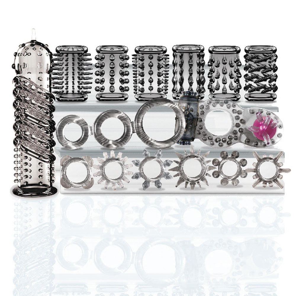 Try-Curious Cock Ring and Sleeve Set Clear – 15 Piece TPR Cock Ring and Sleeve Kit Gray > Cock Ring > Sets