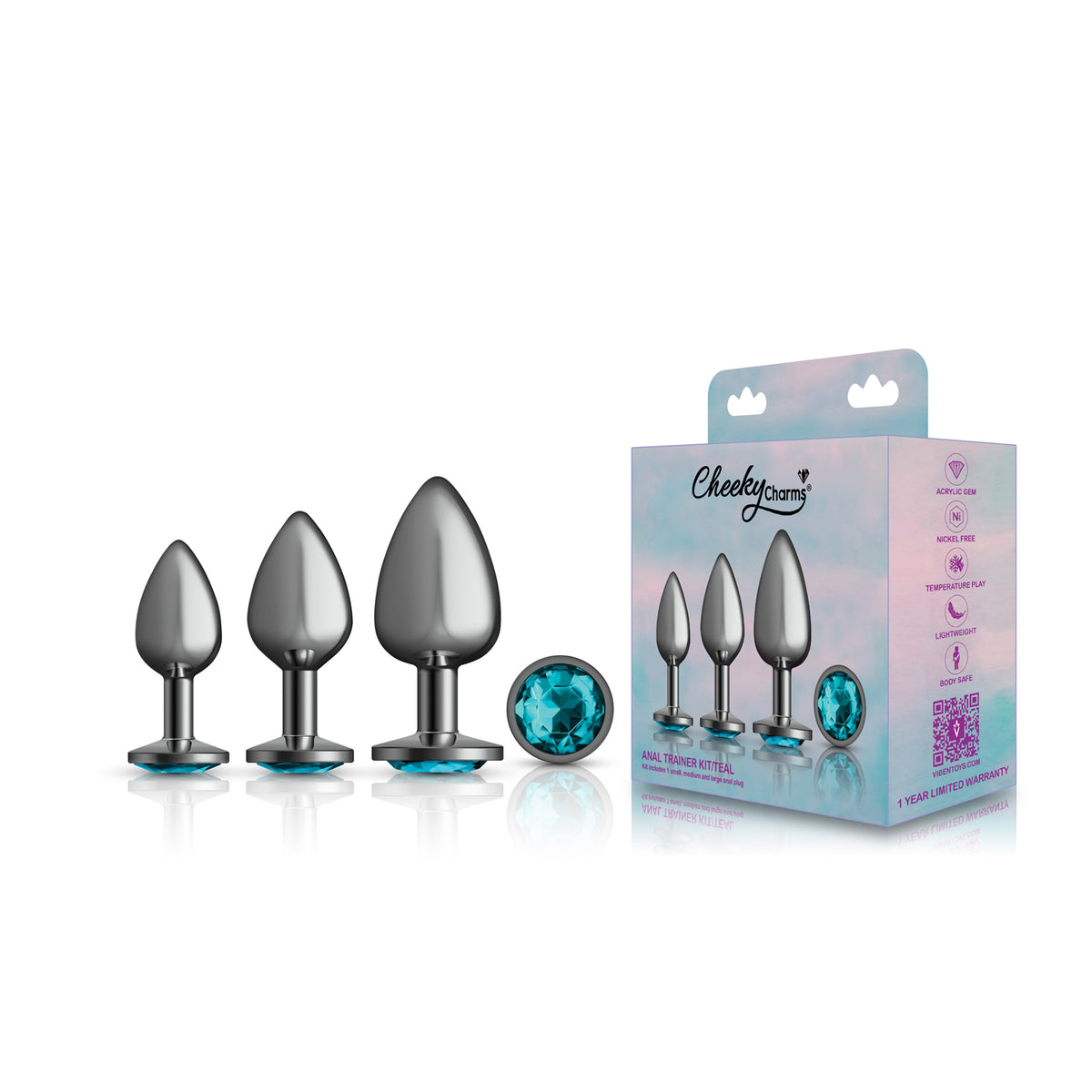 Cheeky Charms Round Metal Butt Plug Gunmetal Three Piece Kit with Teal Jewel > Anal Range > Butt Plug Kits