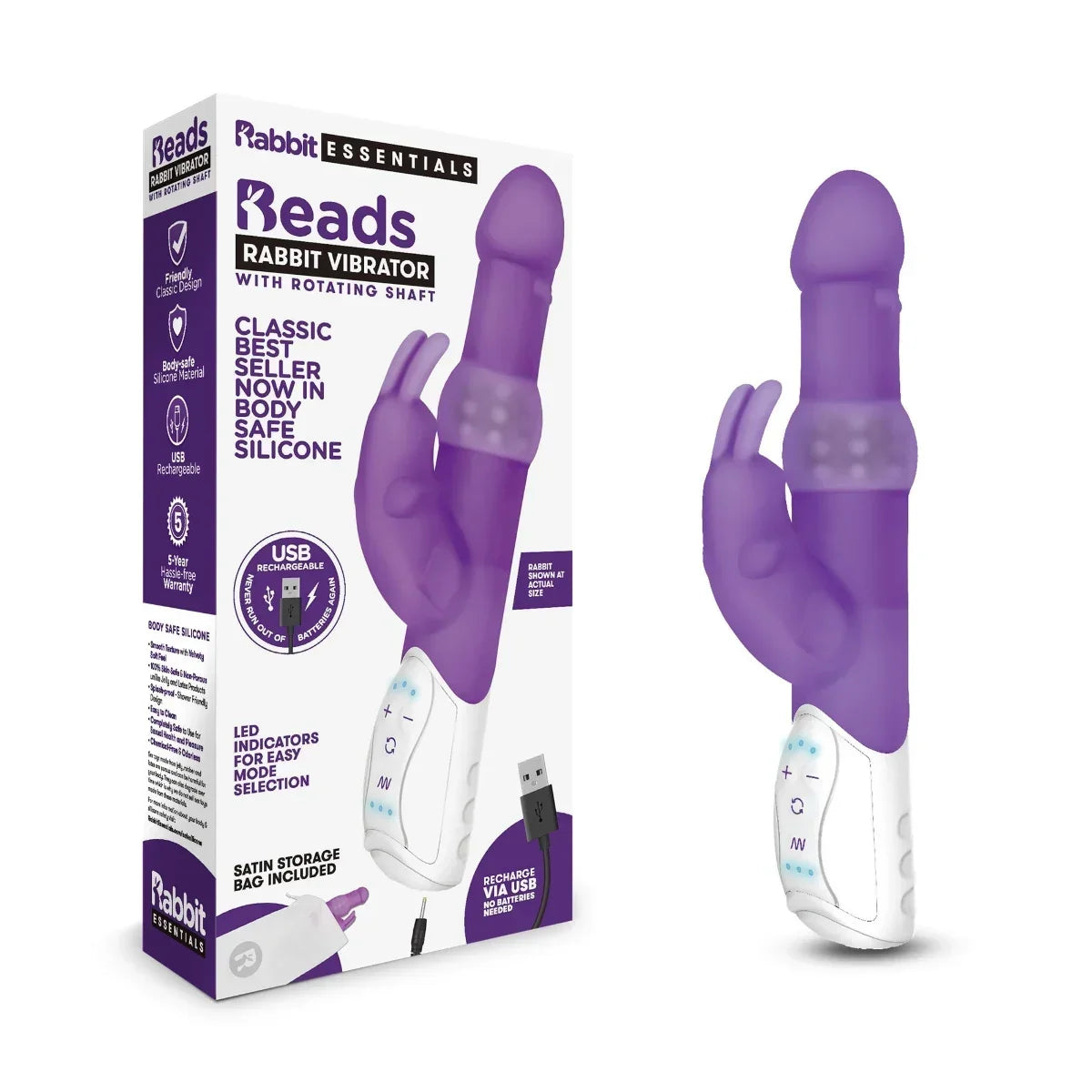 Rabbit Essentials Pleasure Beads Rabbit Vibrator with Satin Storage Bag