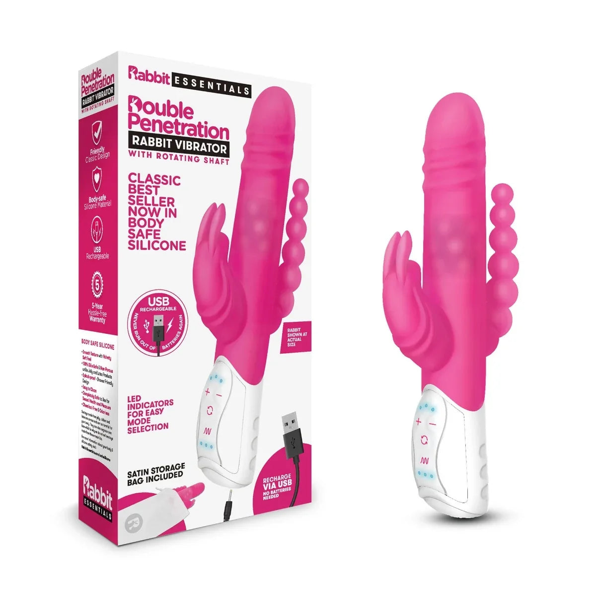 Rabbit Essentials Double Penetration Rabbit Vibrator with Rotating Beads – Rechargeable Silicone > Vibrators > Ladies > Rabbit Multi