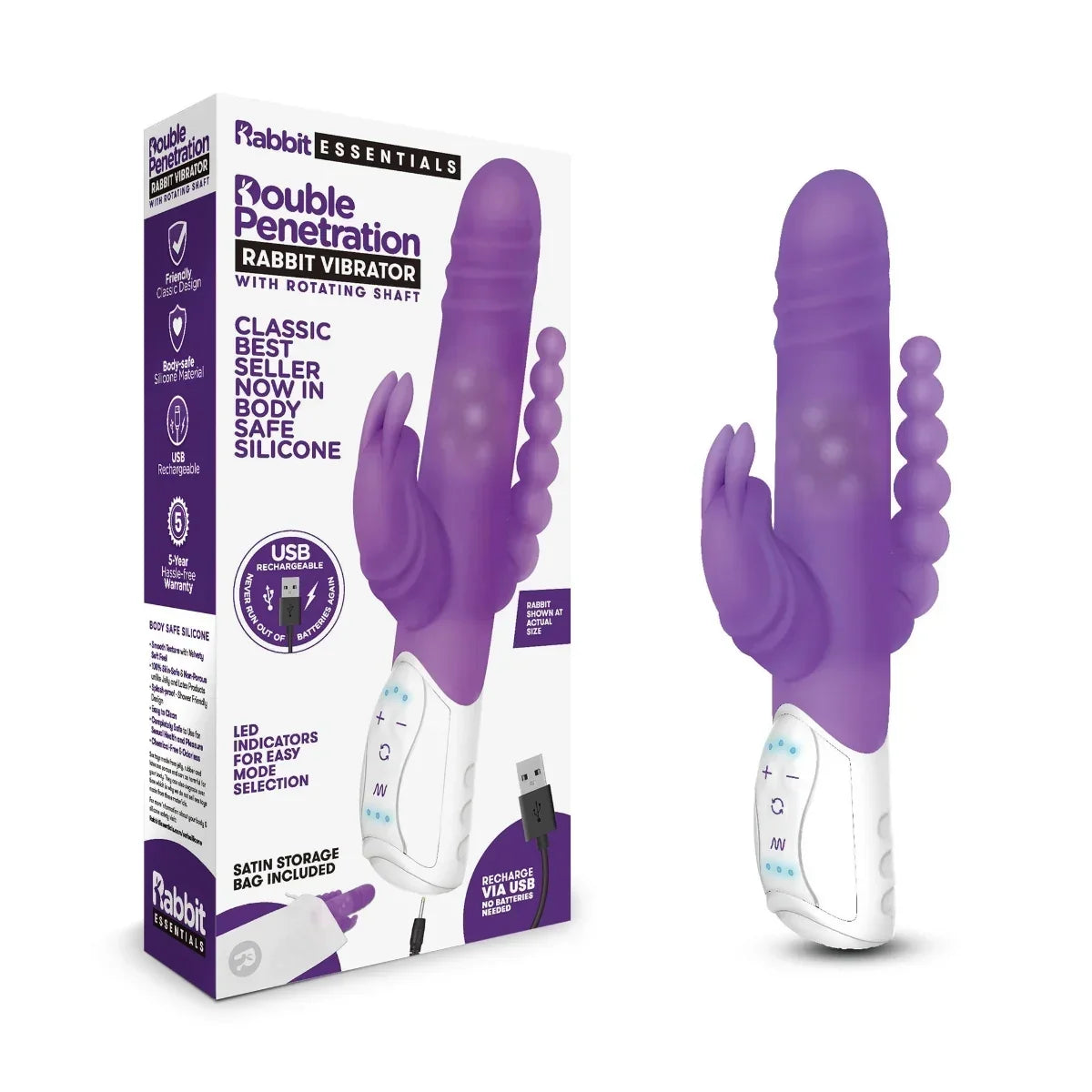 Rabbit Essentials Double Penetration Rabbit Vibrator with Rotating Beads – Rechargeable Silicone > Vibrators > Ladies > Rabbit Multi