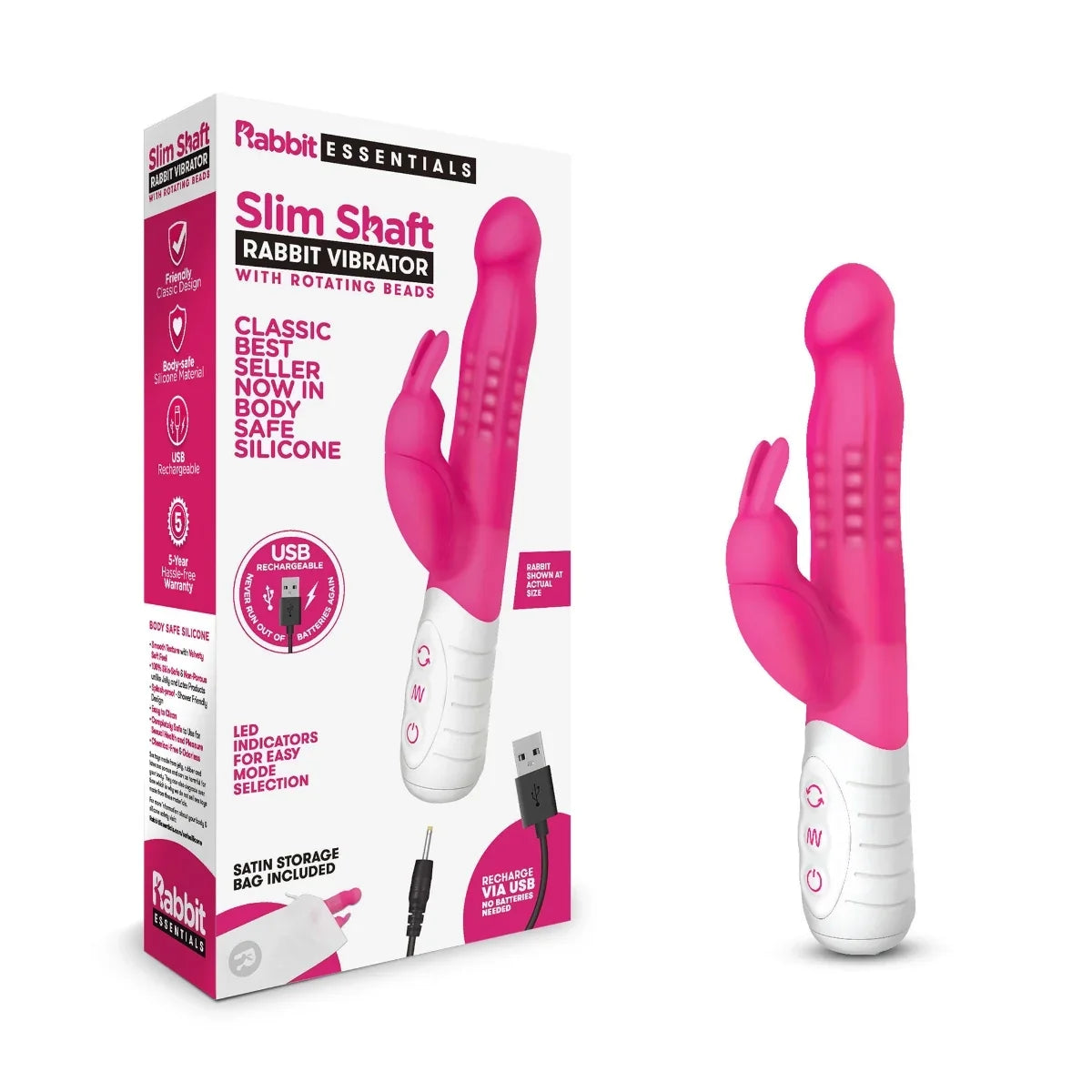 Rabbit Essentials Slim Shaft Rabbit Vibrator – Body-Safe Silicone, Rechargeable > Vibrators > Ladies > Rabbit Multi