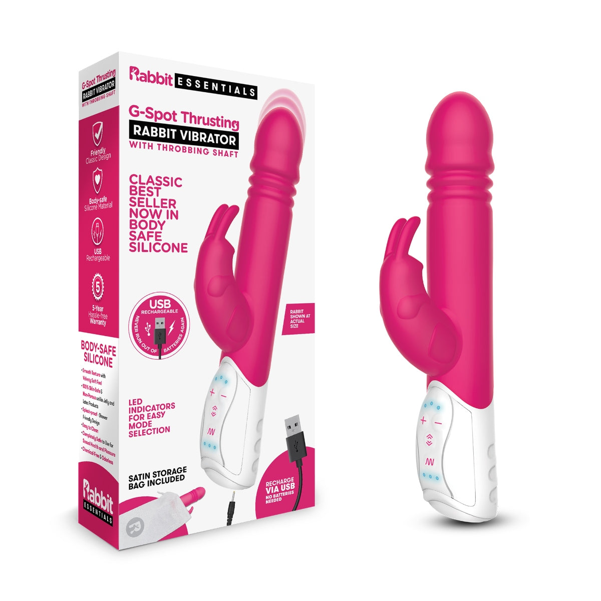Rabbit Essentials G-Spot Thrusting Rabbit Vibrator Hot Pink with Ultra-Soft Silicone and Throbbing Shaft > Vibrators > Ladies > Rabbit Multi