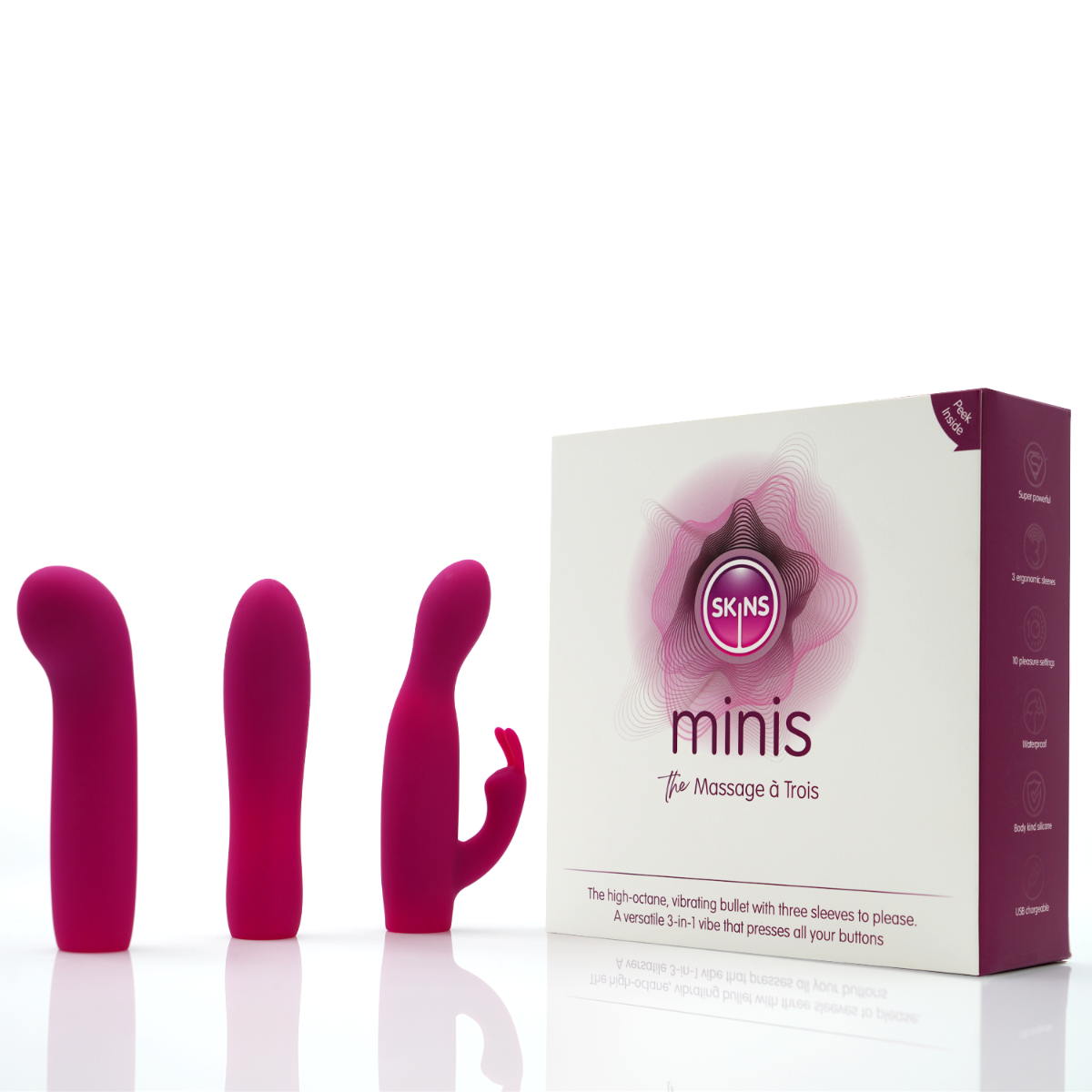 Skins Minis Massage A Trois Pleasure Set – 3 Interchangeable Covers Bullet Vibrator > Vibrators > Mini Vibrators