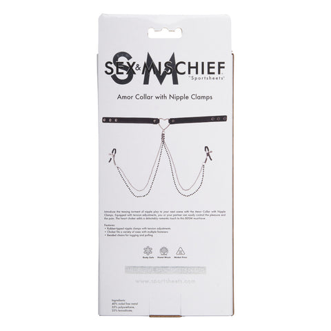 Sex & Mischief Amor Adjustable Collar with Nipple Clamps – Erotic Clothing Accessory > Sex Toys > Nipple Clips