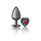 Cheeky Charms Gunmetal Butt Plug with Heart Rainbow Jewel Large Multi Large > Anal Range > Jewel Butt Plugs