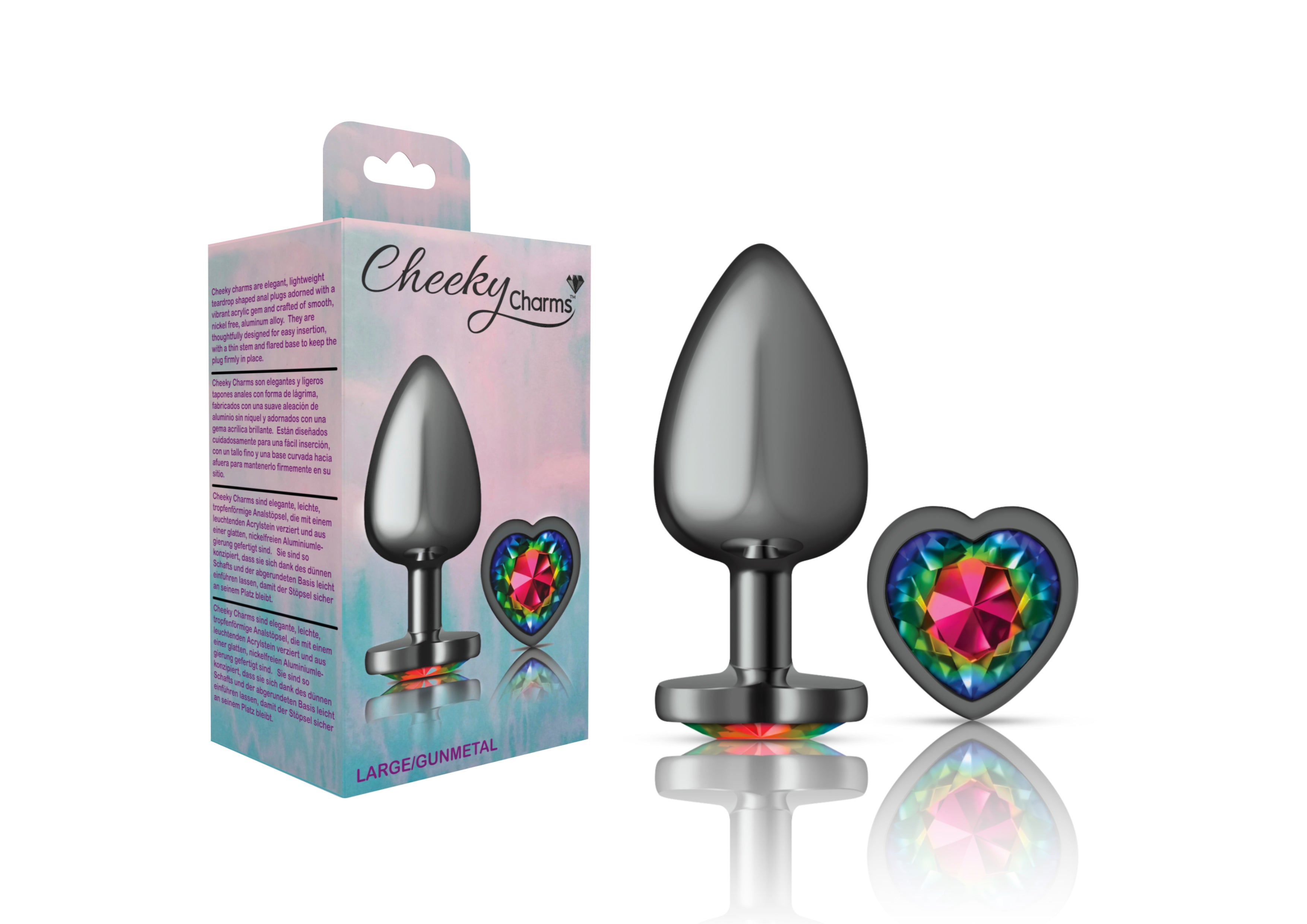Cheeky Charms Gunmetal Butt Plug with Heart Rainbow Jewel Large > Anal Range > Jewel Butt Plugs