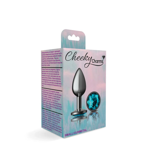 Cheeky Charms Gunmetal Round Butt Plug With Teal Jewel Small > Anal Range > Jewel Butt Plugs