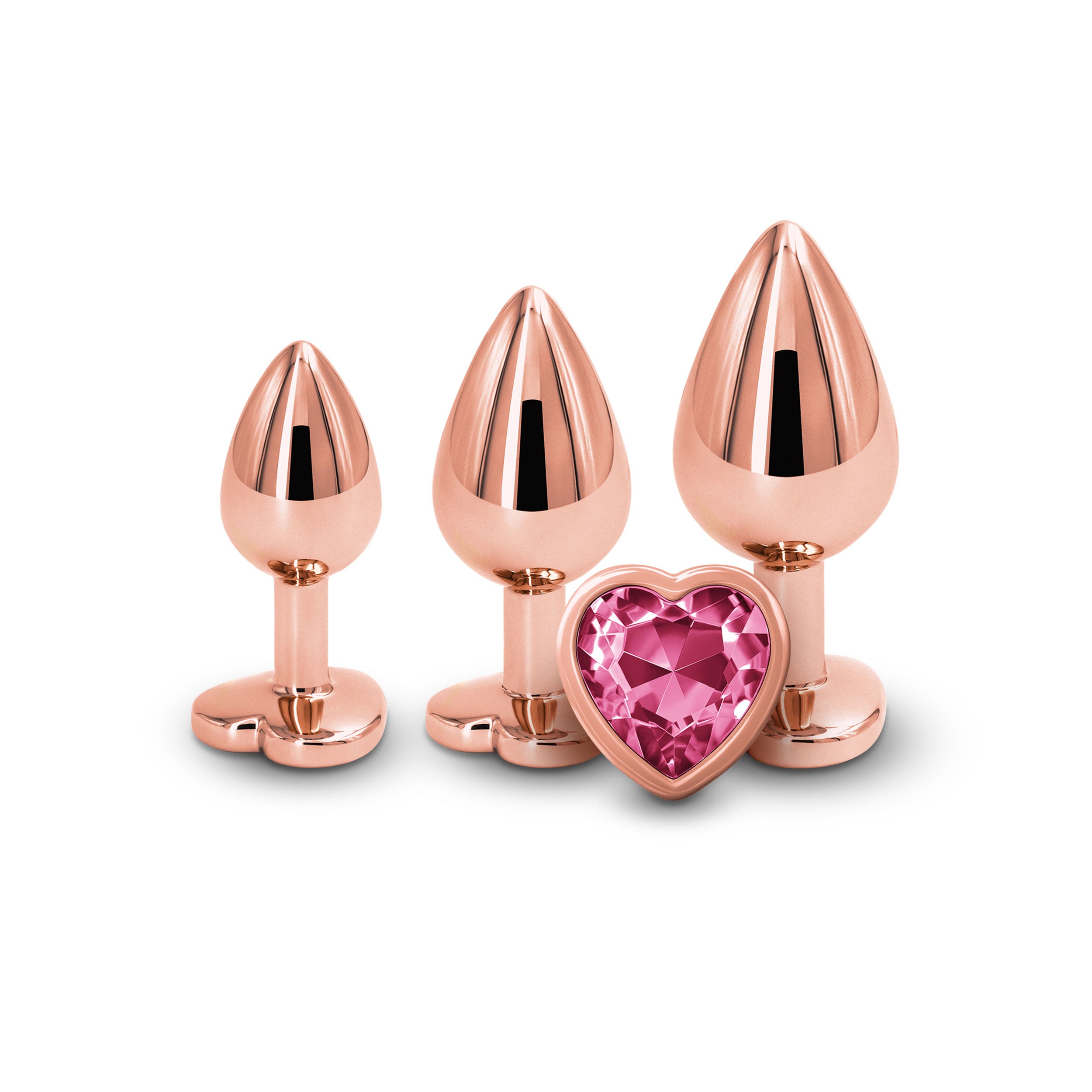 Rear Assets Trainer Kit - 3 Metallic Butt Plugs with Pink Hearts Rose Gold > Anal Range > Butt Plug Kits