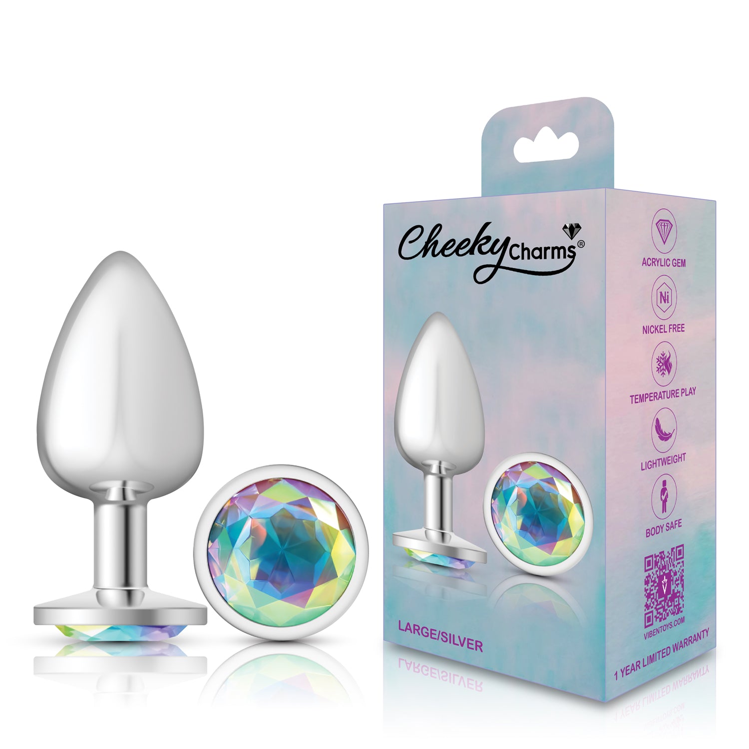 Cheeky Charms Silver Round Butt Plug with Clear Iridescent Jewel Large > Anal Range > Jewel Butt Plugs