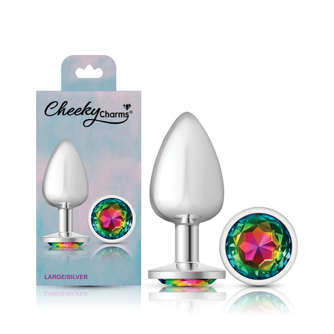 Cheeky Charms Silver Round Butt Plug with Rainbow Jewel Large > Anal Range > Jewel Butt Plugs