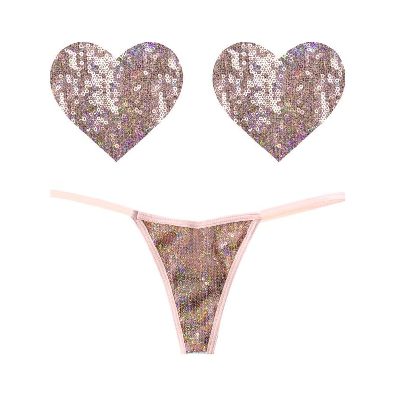 Bubbly Feels Nude Sequin Pantie and Heart Pastie Set for Adult Fun Pasties
