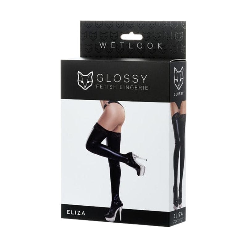 Glossy Wetlook Stockings w Lace Insert Eliza One Size Hosiery