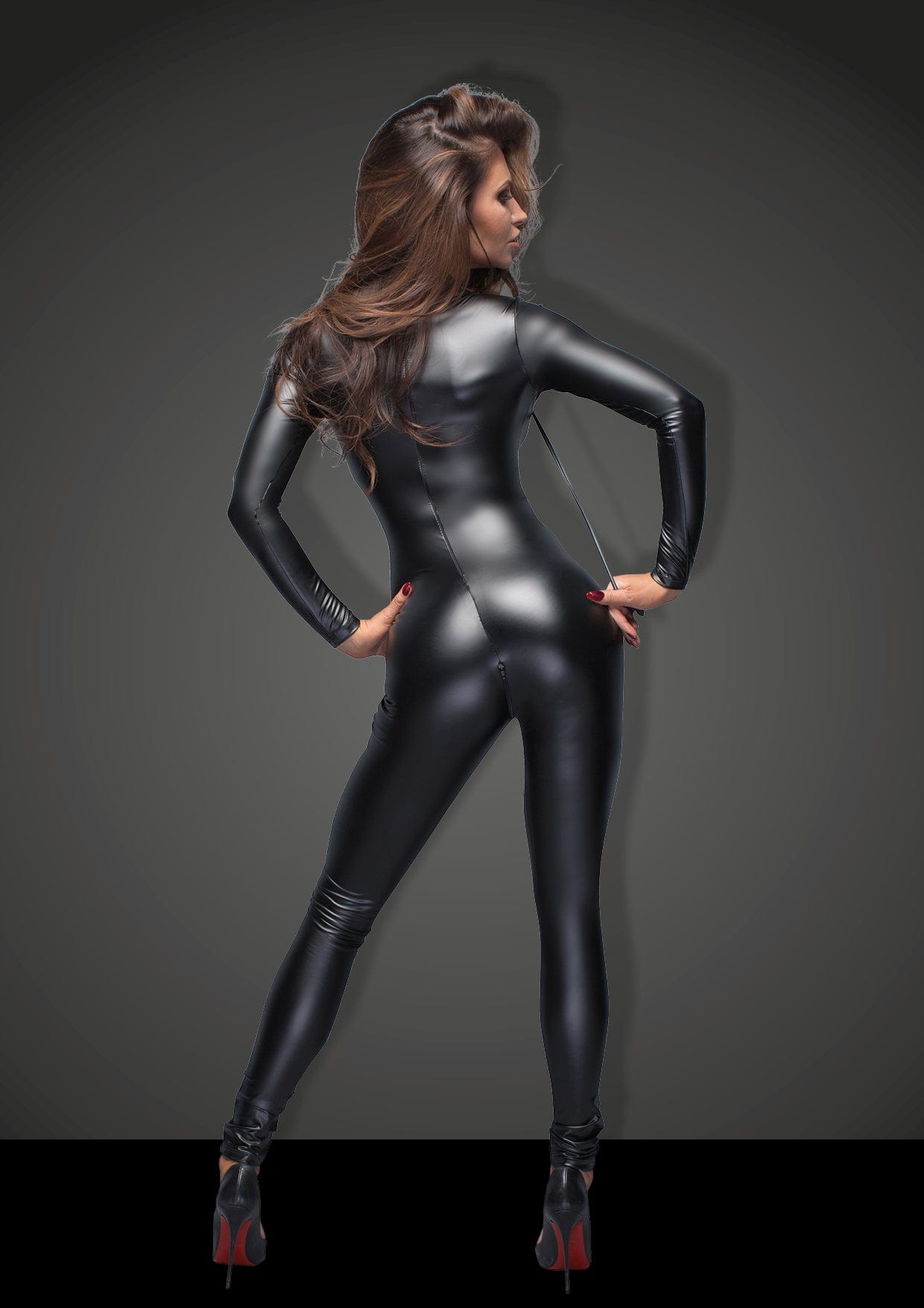 Power Wetlook Overall With Leash And Two Way Zipper Black Large Womens Harnesses