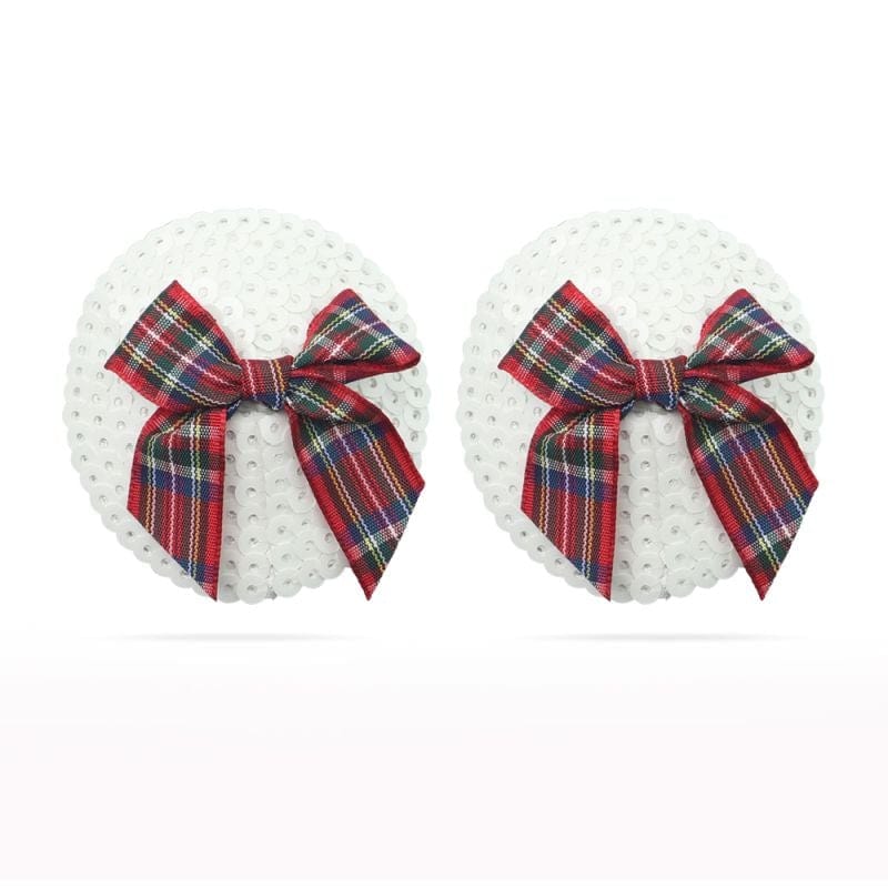 Reusable Sequin Round Nipple Pasties with Tartan Bow > Clothes > Pasties Main image