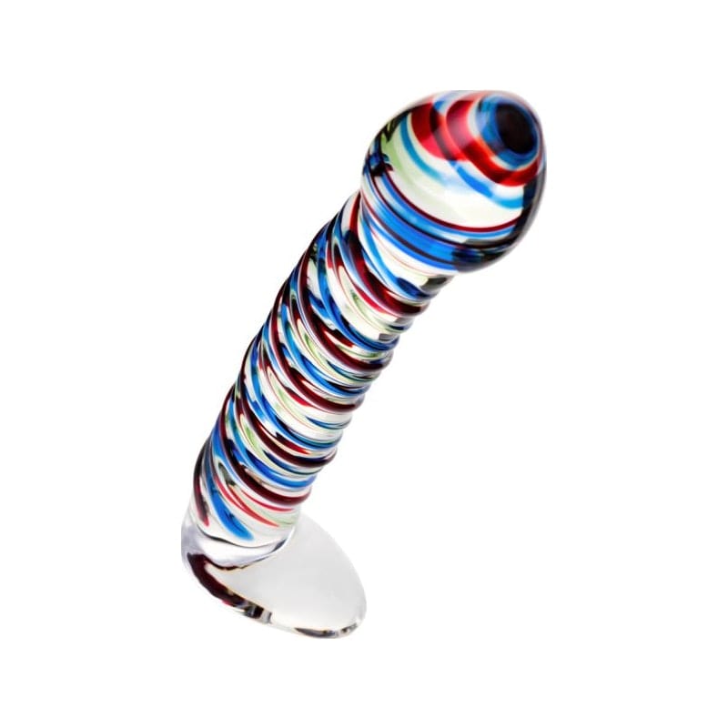 Sexus Glass Dildo Stripes with Base Blue and Red 16cm DONGS Glass