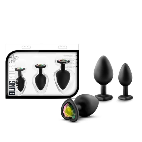 Luxe Bling Plugs Training Kit Black With Rainbow Gems 3 Sizes Butt Plugs