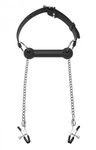 Equine Silicone Bit Gag With Nipple Clamps For Playful Restraint And Pleasure Gags