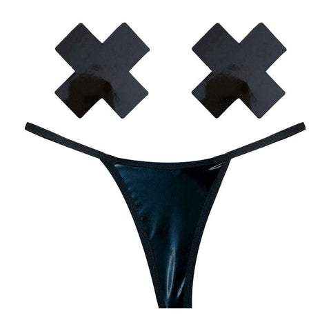 Dom Squad Black Wet Vinyl Pastie and G-String Set Pasties