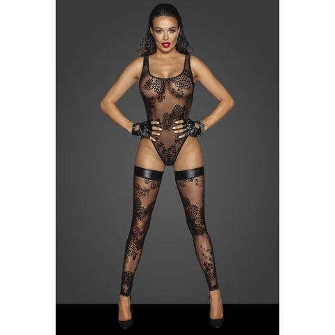 Tulle Bodysuit with Patterned Flock Embroidery for Elegant Allure Bodystocking